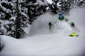 skier in deep powder in the trees